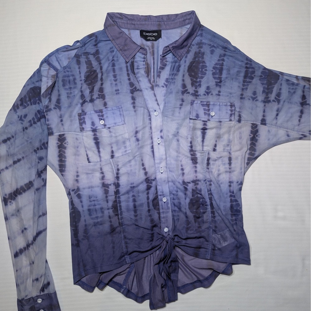 Bebe Purple Tie Dye Mesh Button Down Shirt Sheer Tie Front M‎ Cyber Y2K Grunge